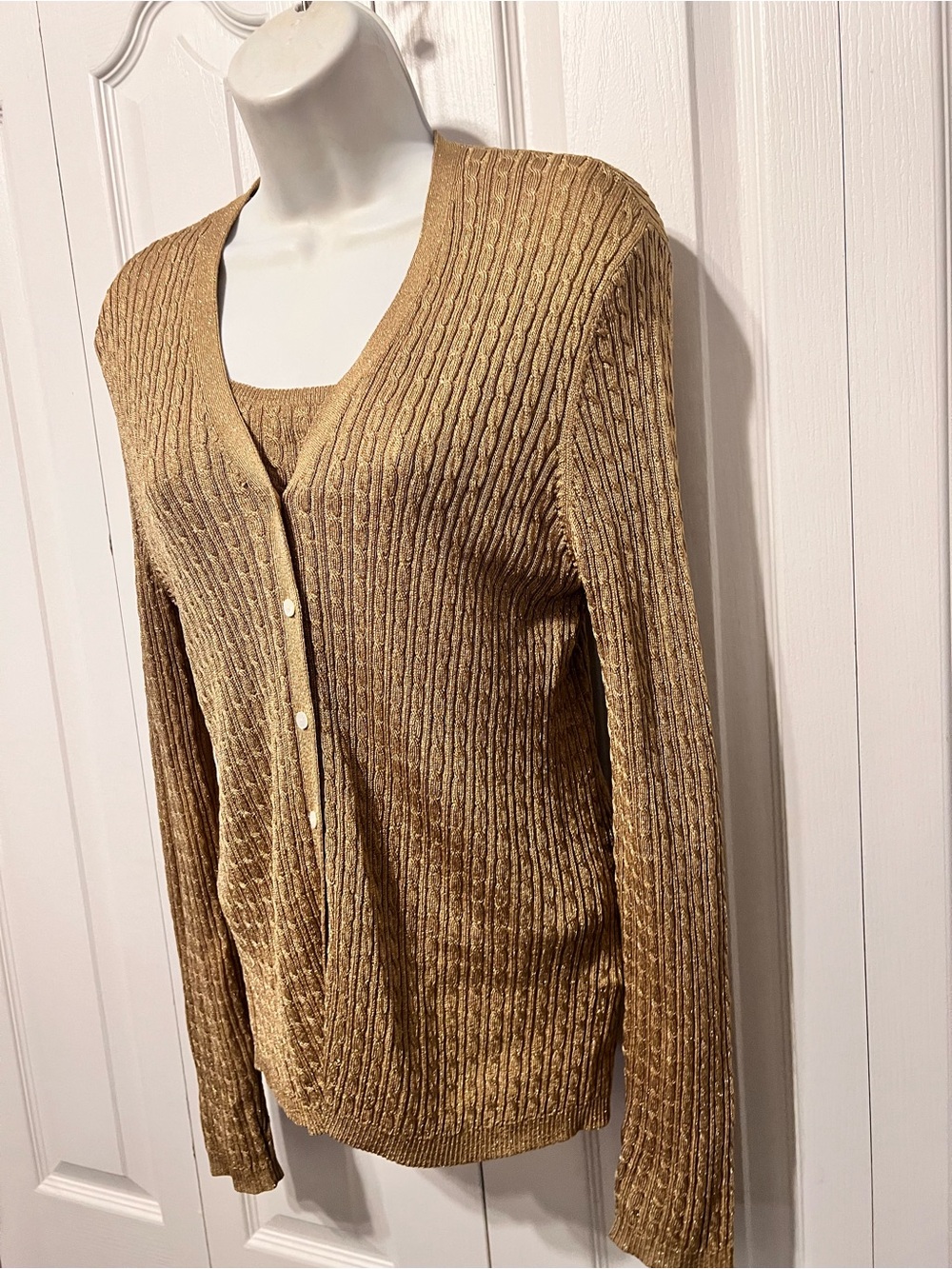 Lauren Ralph Lauren Metallic Gold Cable Knit 2 Pc Cardigan Set-Medium-Classy